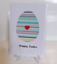 Happy Easter - blue striped Easter egg with a heart button greetings card  - Image 1