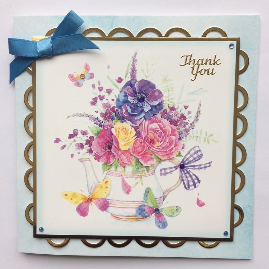 Thank You Handmade Card Teapot of Flowers with Butterflies - Thank You
