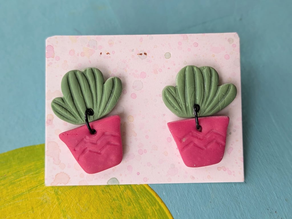Catcus polymer clay dangly earrings - plant lover gift