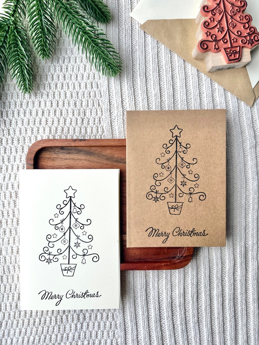Elegant Christmas tree stamped card , Handcrafted Xmas greetings card