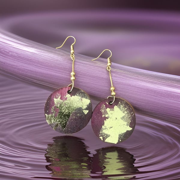 Earrings - Boho style, Dangle, Alcohol Ink on Wood - Gold Plated, Freepost