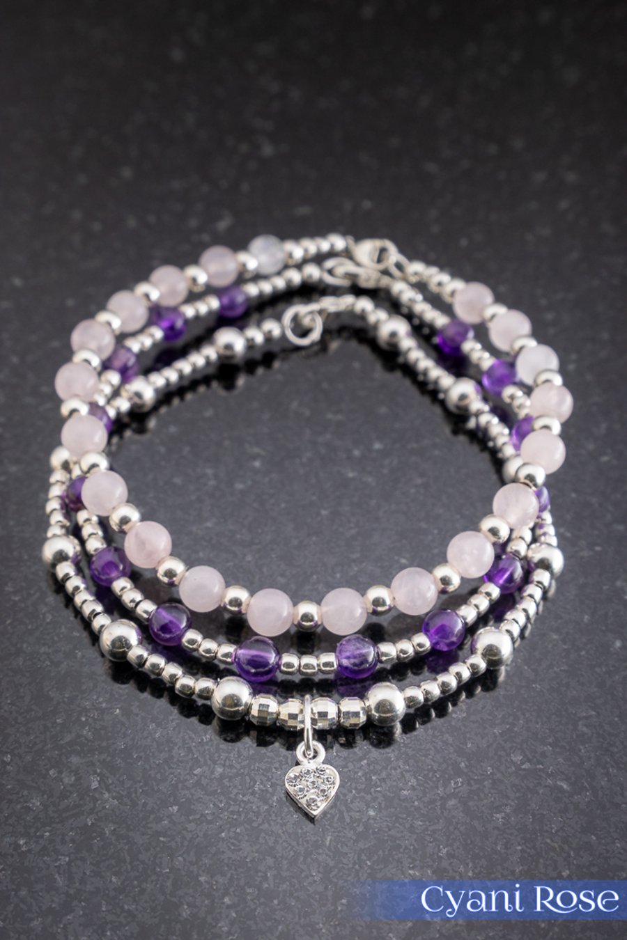 Custom order for Megan. Sterling silver, rose quartz and amethyst bracelets