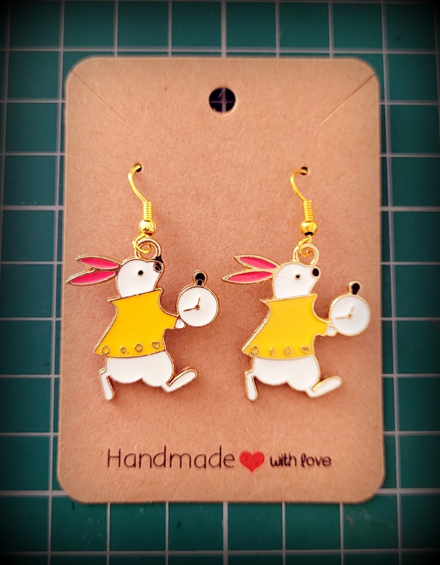 White Rabbit Charm Dangle Earrings on Gold Plated Earring Hooks