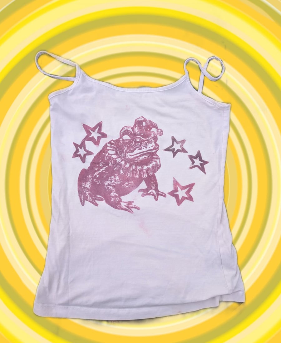 Handprinted lino jester toad upcycled tank top small