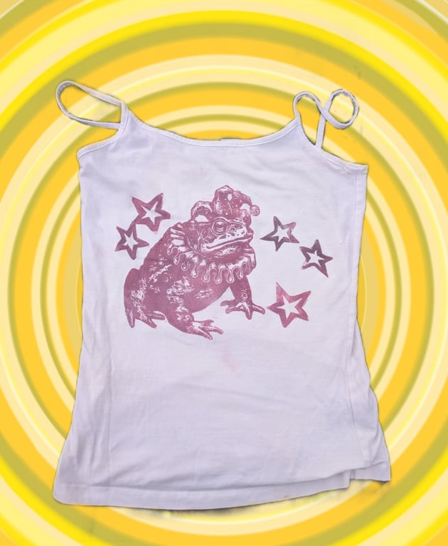 Handprinted lino jester toad upcycled tank top small