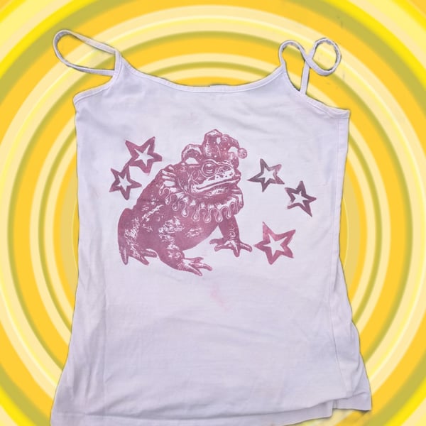 Handprinted lino jester toad upcycled tank top small