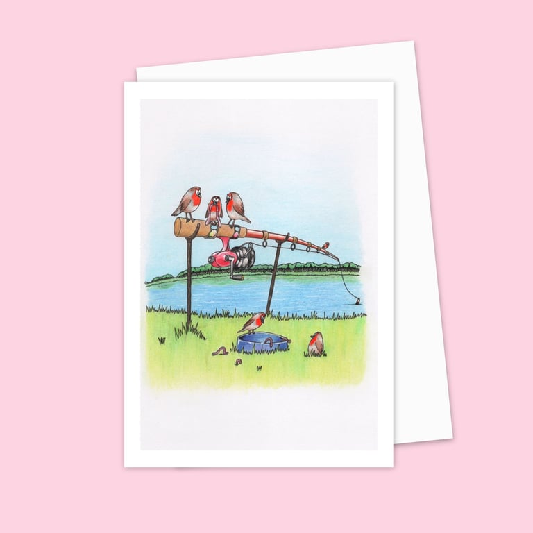 River Bank Greeting Card: Robins on a Fishing Rod Pencil Illustration (212)