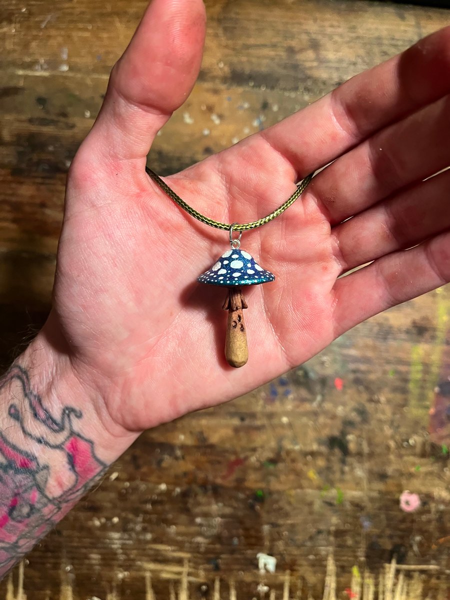 Hand Carved Blue Faerie Mushroom Pendant 