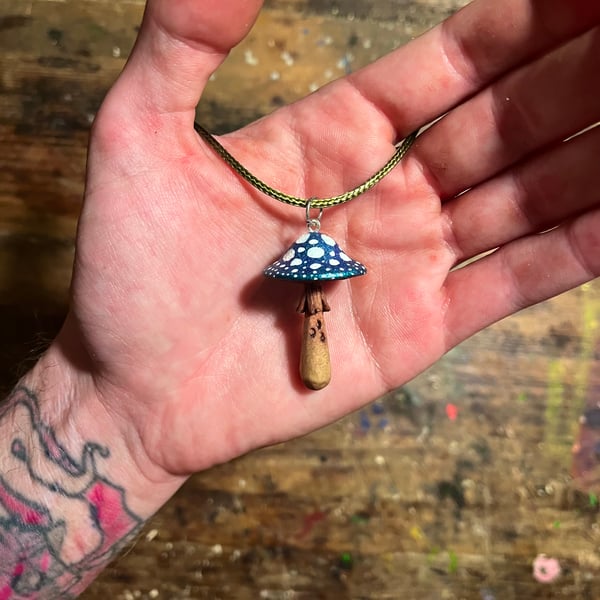 Hand Carved Blue Faerie Mushroom Pendant 