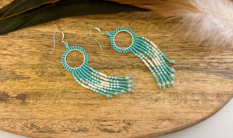 Beadwork hoop fringe earrings in pale turquoise and cream