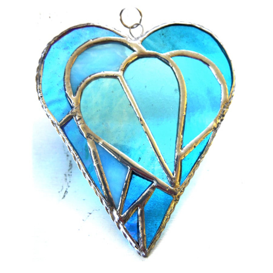 Triple Heart Stained Glass Suncatcher 008 Aqua