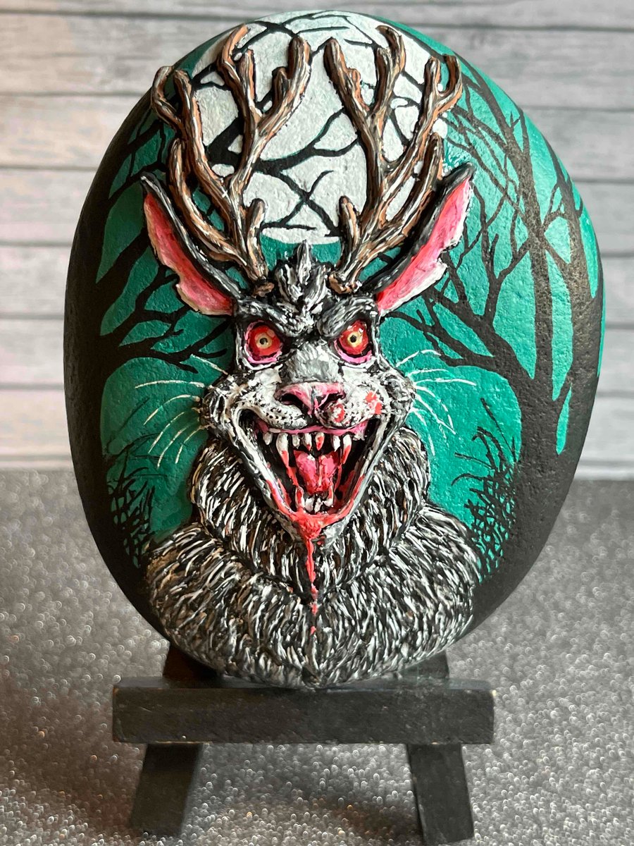 Hand painted and part sculpted Jackalope (Cryptid creature) stone 