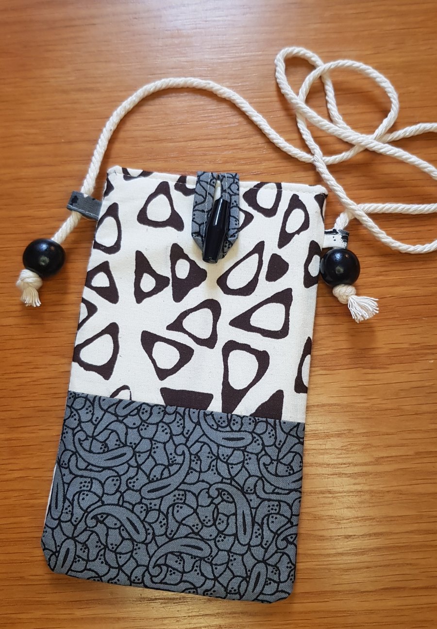 Indian  block  print fabric mobile phone pouch: black, white & grey prints