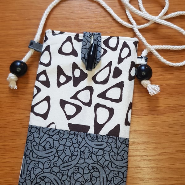 Indian  block  print fabric mobile phone pouch: black, white & grey prints