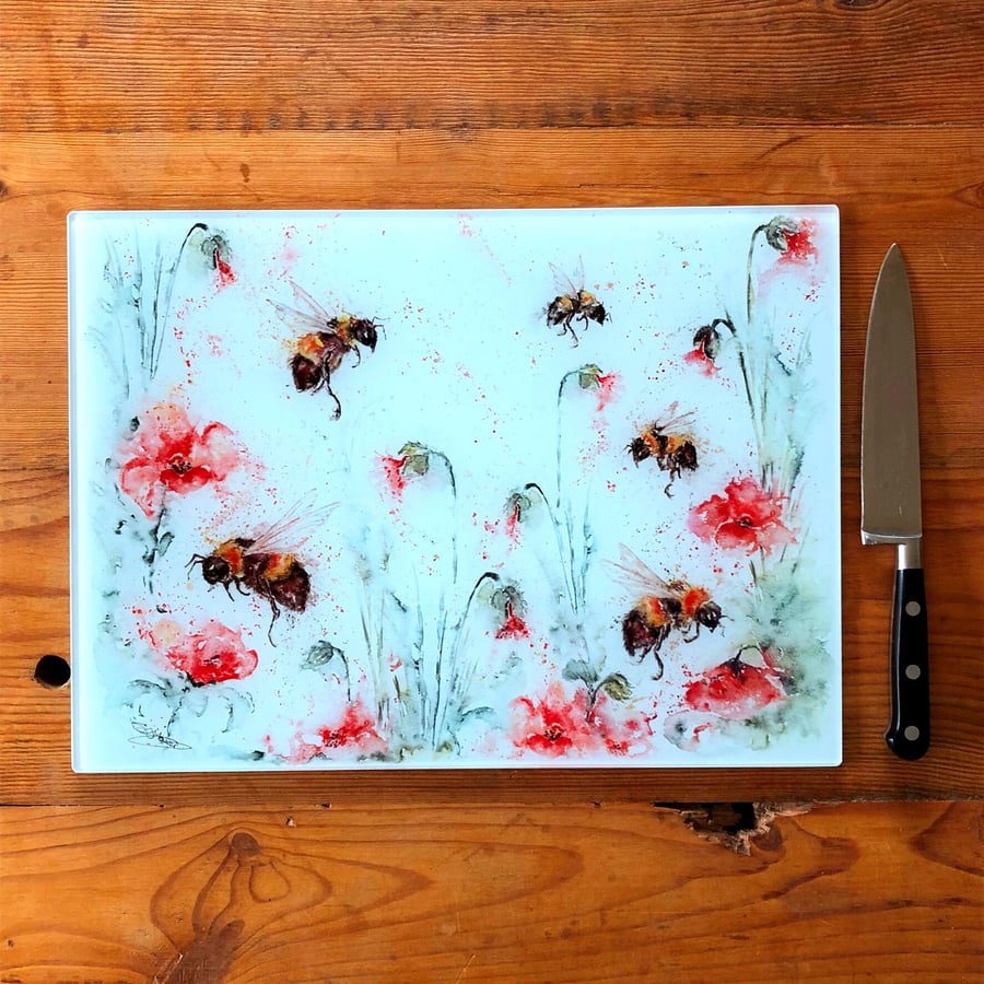 Poppy Bees Glass Chopping Board, Kitchen Worktop Saver, Table Mat, Cutting Mat. 