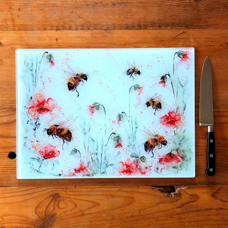 Poppy Bees Glass Chopping Board, Kitchen Worktop Saver, Table Mat, Cutting Mat. 