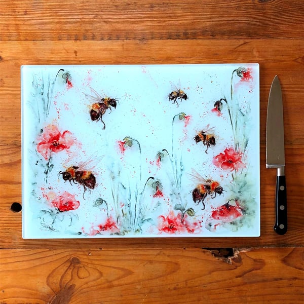Poppy Bees Glass Chopping Board, Kitchen Worktop Saver, Table Mat, Cutting Mat. 