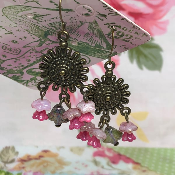 Pink flower chandelier earrings