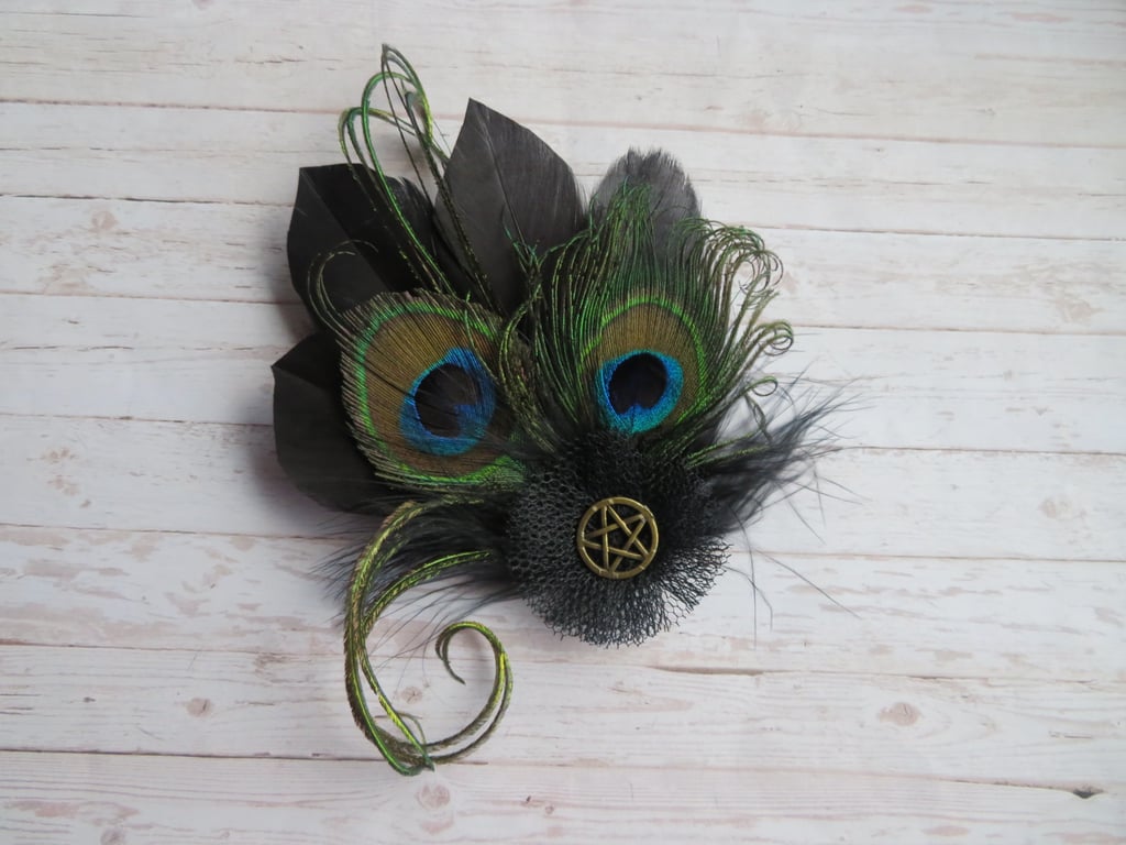 Black Small Peacock Feather Vintage Goth Pentagram Witch Hair or Hat Clip