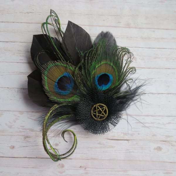 Black Small Peacock Feather Vintage Goth Pentagram Witch Hair or Hat Clip