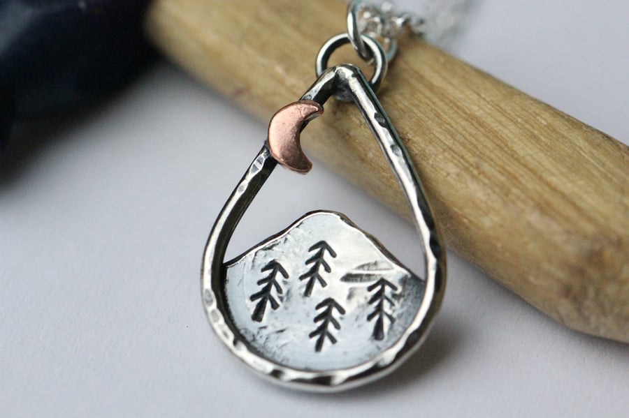 Sterling silver teardrop Mountain Necklace with Copper moon
