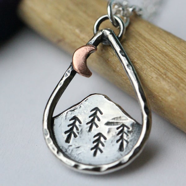 Sterling silver teardrop Mountain Necklace with Copper moon