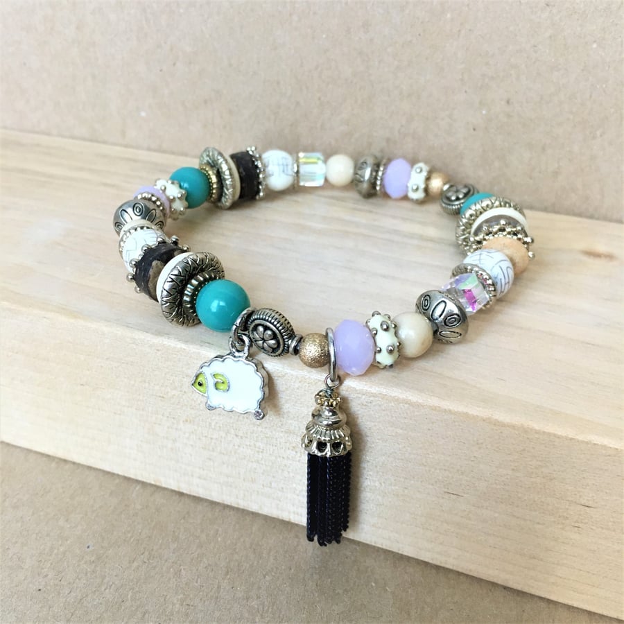 Lilac and turquoise colour beads beaded elasticated handmade bracelet 