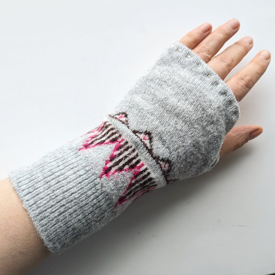 Snuggly Grey Wrist Warmers pink and brown detail Upcycled from acrylic jumper