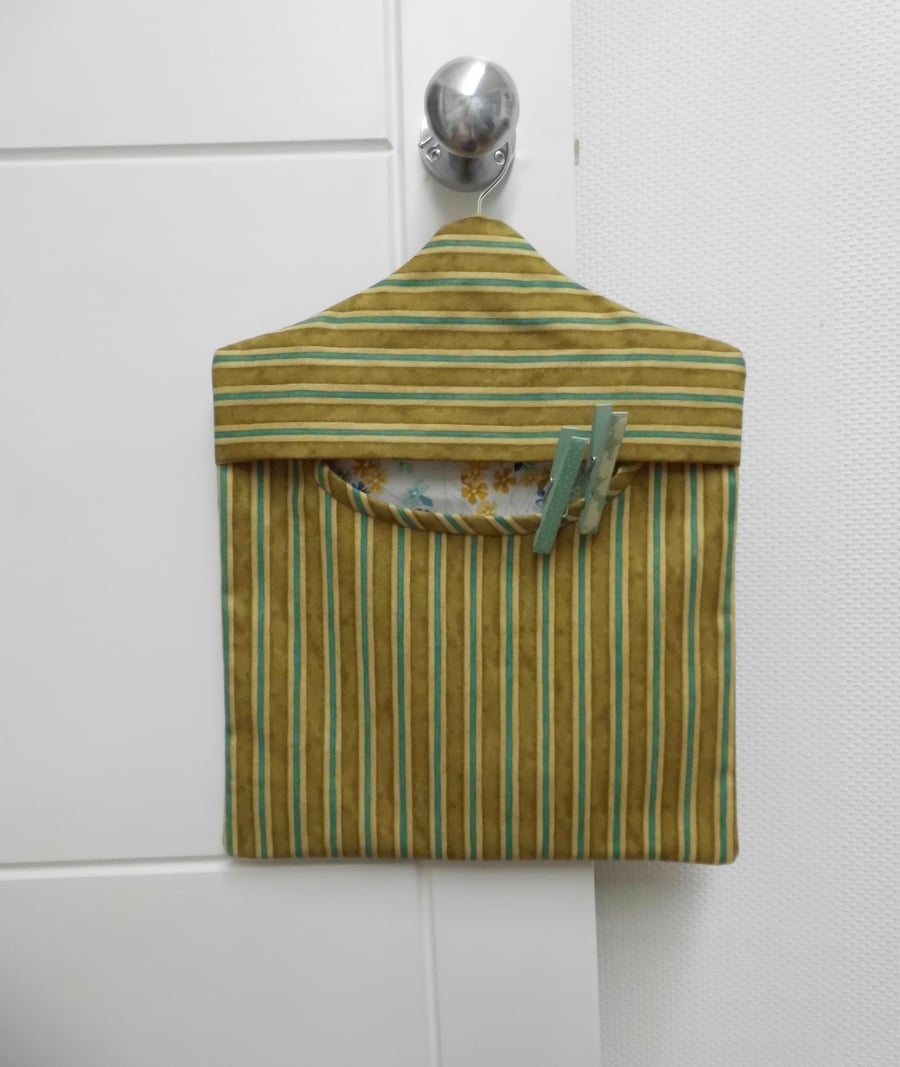 SOLD Peg bag in mustard and turquoise striped fabric