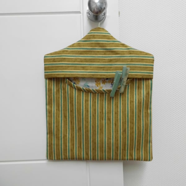 SOLD Peg bag in mustard and turquoise striped fabric