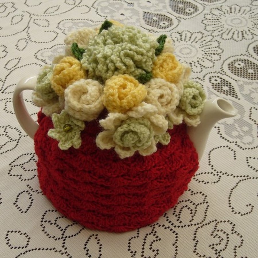 Crochet Tea Cosy/Red with Flower Garden Top (Made to order)