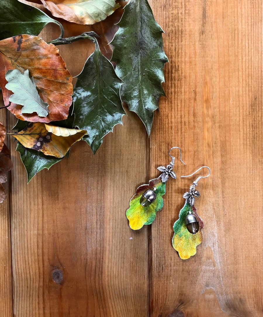 Painted Oak Leaves w/Acorns Earrings Painted Oak Leaves w/Acorns Earrings