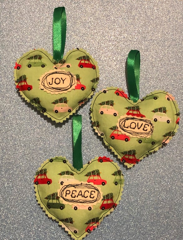 Vintage Cars Christmas Hearts Hanging Baubles Decoration Love Peace Joy 