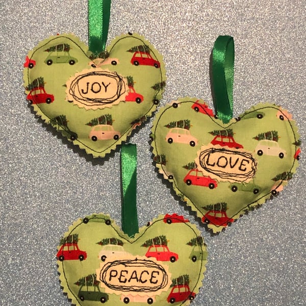 Vintage Cars Christmas Hearts Hanging Baubles Decoration Love Peace Joy 