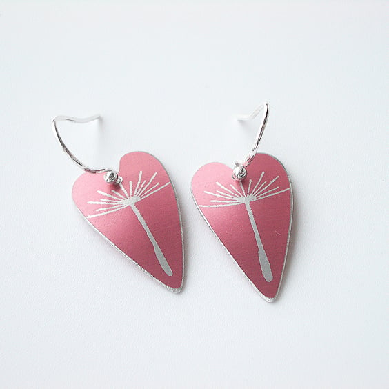 Heart earrings with dandelion seed print in pink