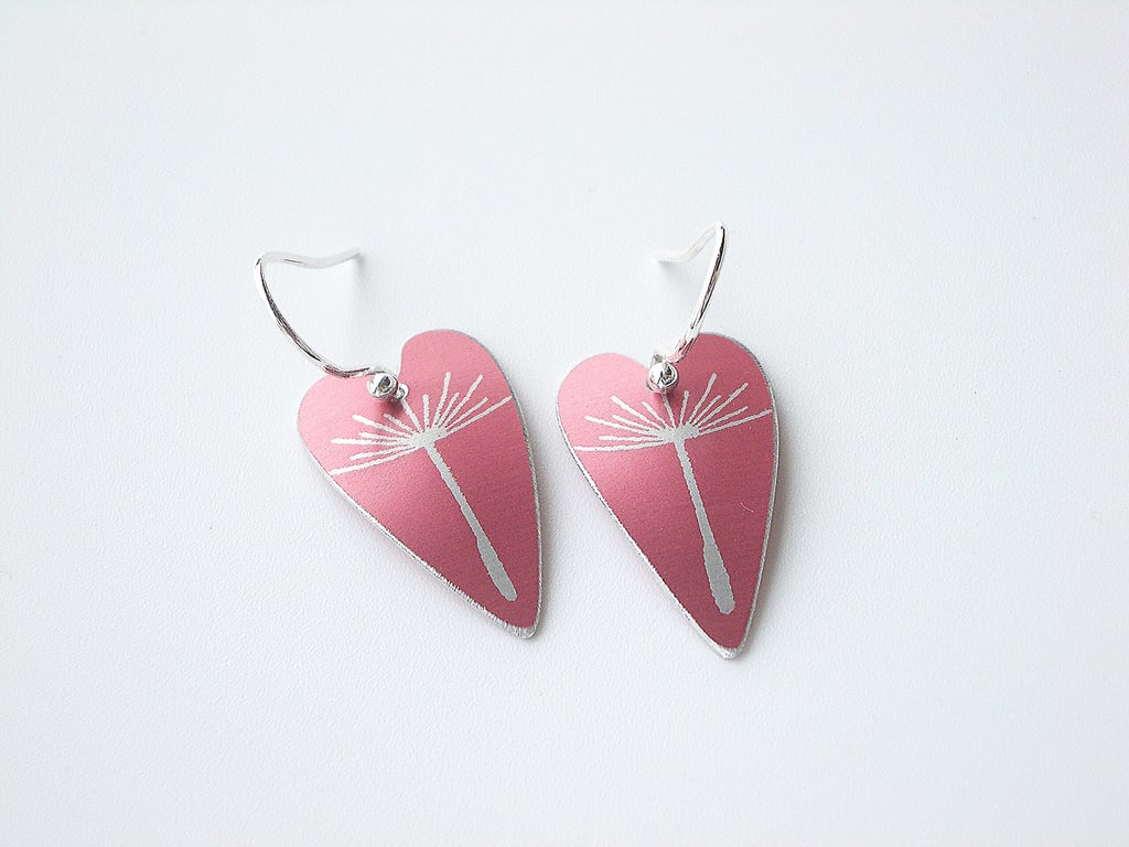 Heart earrings with dandelion seed print in pink