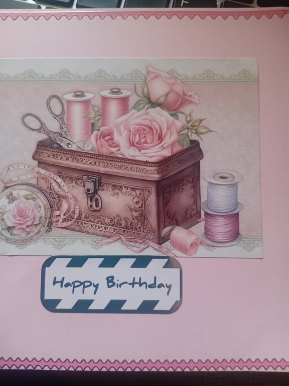 Roses and Sewing Box Birthday Greetings card