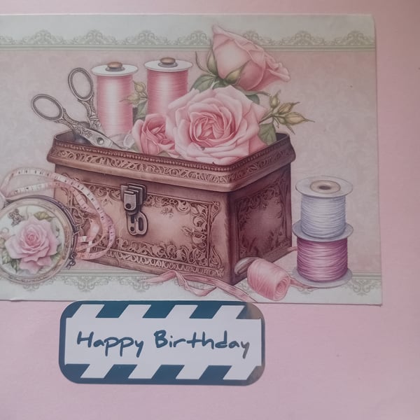 Roses and Sewing Box Birthday Greetings card