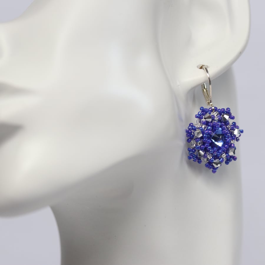 Purple-blue and Silver Beaded Crystal Earrings
