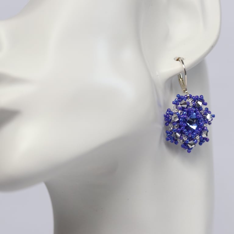 Purple-blue and Silver Beaded Crystal Earrings