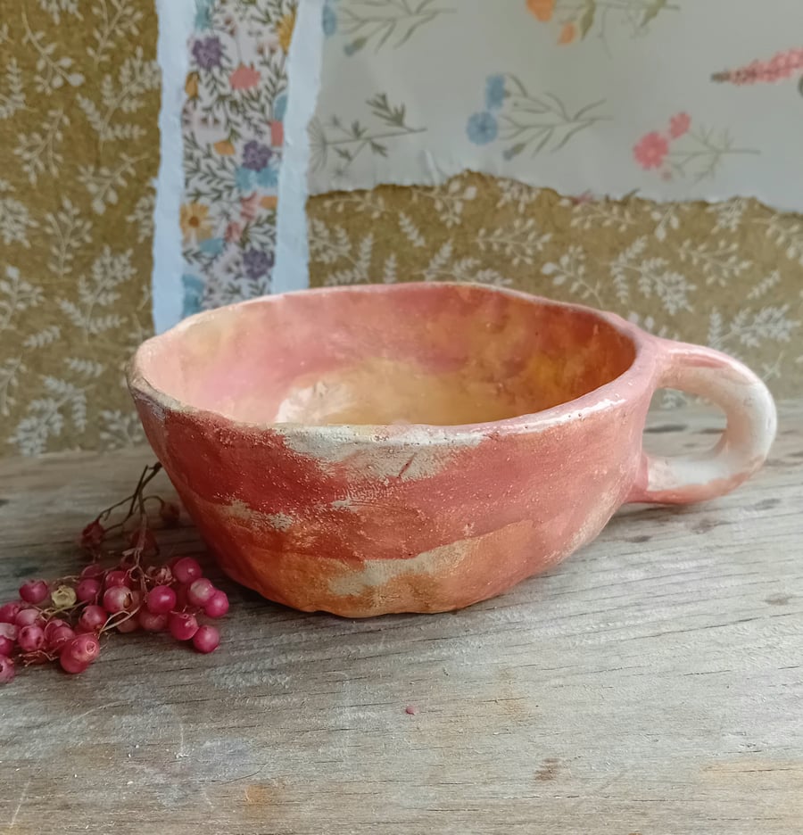 Tea cup mug,pinched pot earthenware ceramic,peach crackle glaze, rustic