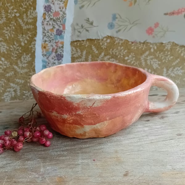 Tea cup mug,pinched pot earthenware ceramic,peach crackle glaze, rustic