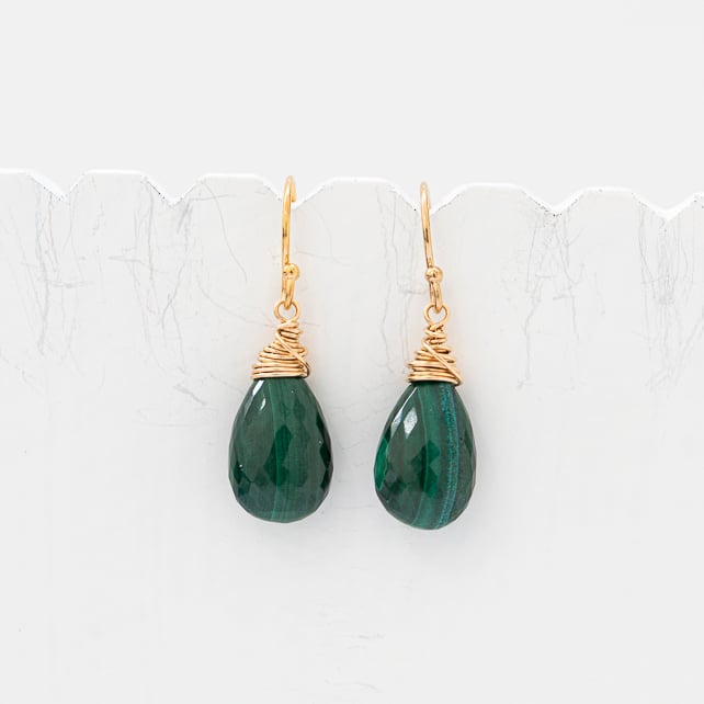 Dark Green Malachite Briolette and Gold Fill Earrings