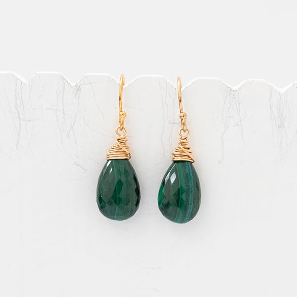 Dark Green Malachite Briolette and Gold Fill Earrings