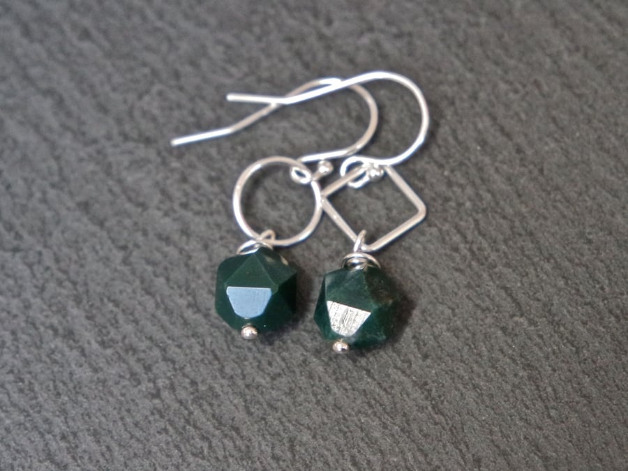 Sterling Silver Gemstone Earrings - Moss Agate faceted geometric shapes