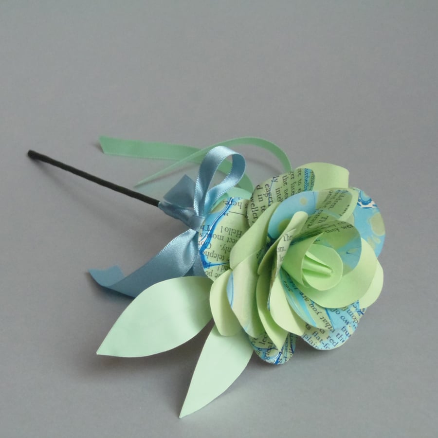 Marbled Paper Single Stem Rose - Green and Blue