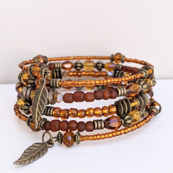 Memory Wire Bracelet in Brown, Topaz and Bronze. Boho Style Stacked Cuff Bangle