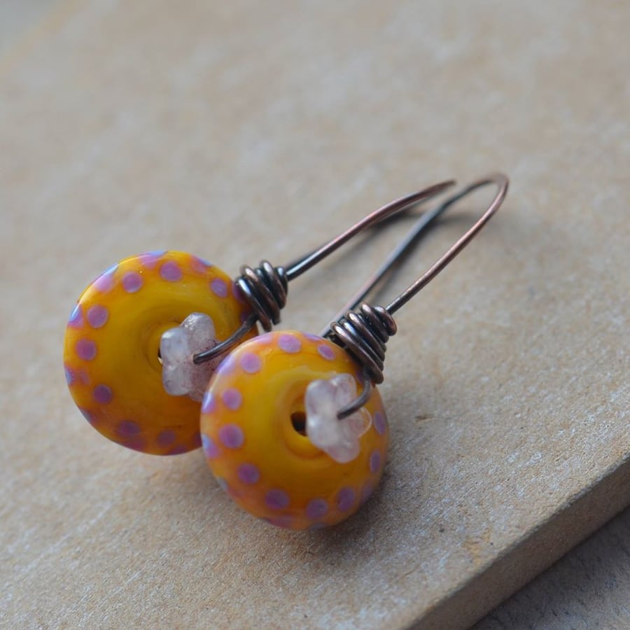 Yellow Pink Lampwork Glass and Flower Copper Earrings