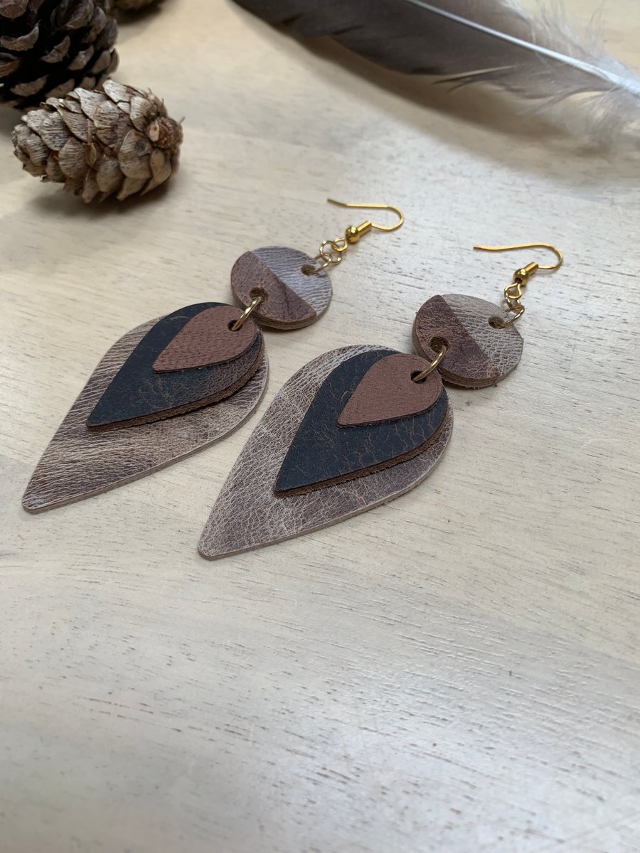 Handmade brown leather earrings free gift wrap 