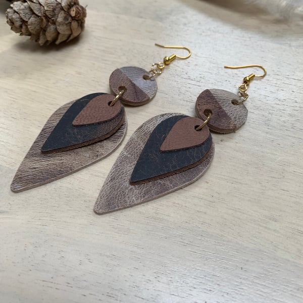 Handmade brown leather earrings free gift wrap 